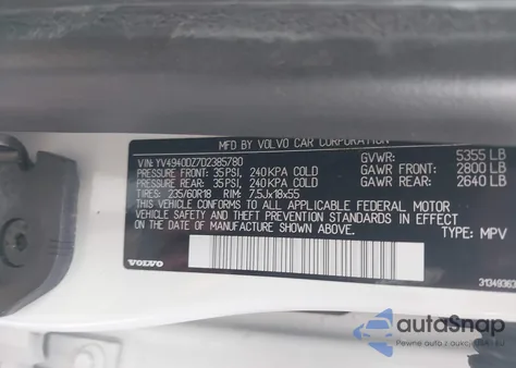 2013 Volvo Xc60 3.2/3.2 Platinum/3.2 Premier/3.2 Premier Plus z USA, uszkodzony, nr VIN YV4940DZ7D2385780